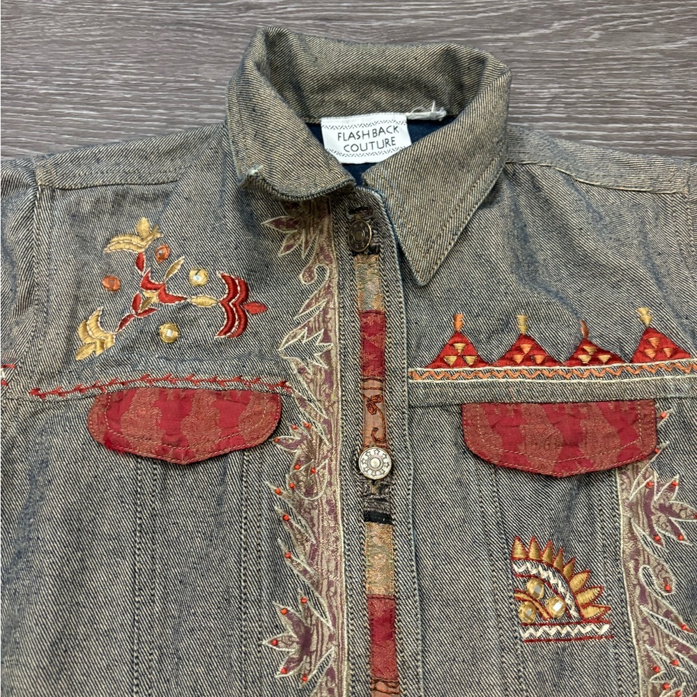 Embroidered Patchwork Jean Jacket - image 3
